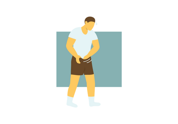 An illustration of a man scratching under his shorts. His shirt is light green, his shorts are brown. The background is a medium green rectangle.