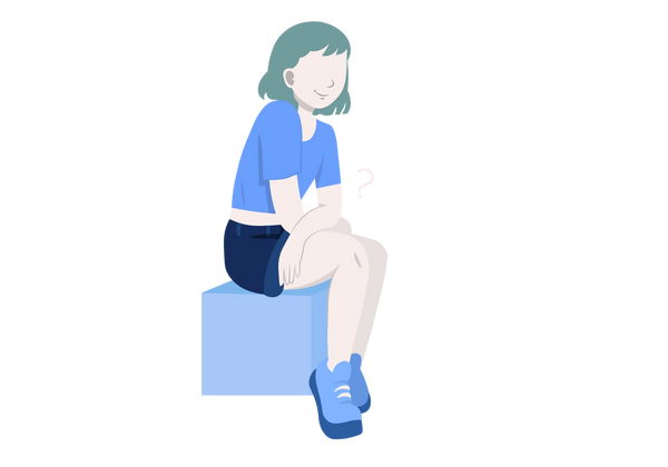 An illustration of a three-quarter view of a young woman sitting on a light blue block with her arms crossed in front of her, leaning on her thighs. Her skin is a very light and pale peach tone. There is a white question mark to the right of her body. She is wearing a medium blue short-sleeved crop top, high-waisted dark blue denim shorts, and blue sneakers. Her short hair with bangs is light green.