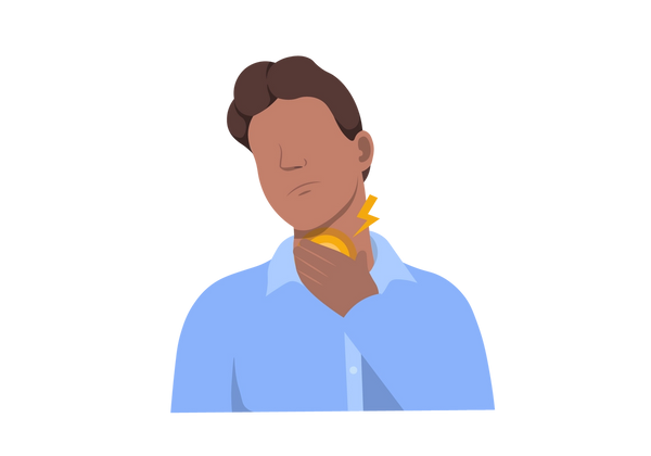 An illustration of a man tilting his head back and to the side. He holds his neck with one hand. A yellow circle sits under his hand on the front of his neck, emanating a yellow lightning bolt to show pain. The man is wearing a light blue collared shirt and has brown hair.