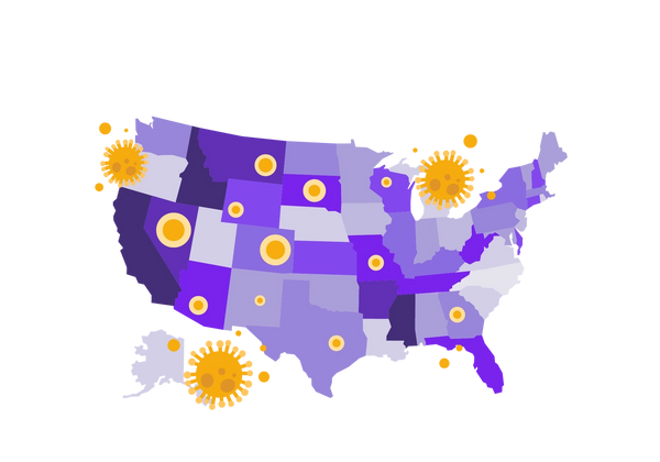 An illustration of a map of the United States in varying shades of purple. Yellow viruses float above the map. Yellow spots of varying sizes show points of concentration.