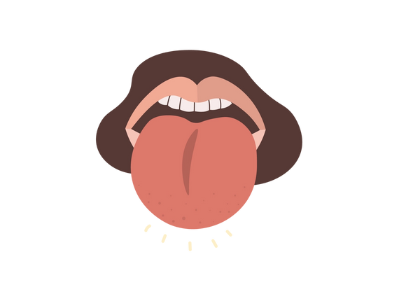 Uma ilustração de uma boca aberta com uma língua grande, inchada e vermelha para fora. Uma forma marrom envolve os lábios representando os pelos faciais.