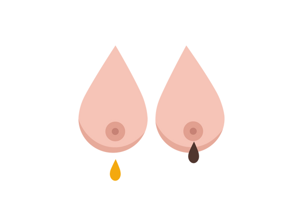 Zwei tropfenförmige Brüste. Von der linken tropft ein gelber Tropfen, von der rechten tropft ein brauner Tropfen.