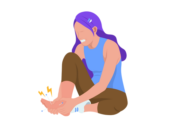 An illustration of a woman sitting with one leg bent against the ground and the other bent with the knee pointing upward and her right foot in her hands. She is grimacing, showing white teeth, and white lines with blue circles at the end as well as two yellow lightning bolts come from the foot in her hands. She has long, purple hair, light peach-toned skin, and is wearing a blur tank top, brown capri leggings, and a light green sneaker on the other foot.