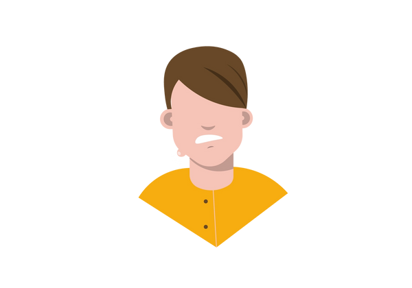 Uma ilustração da cabeça e dos ombros de uma pessoa carrancuda com um caroço na mandíbula. Seus cabelos são curtos e castanhos e eles vestem uma camisa amarela.