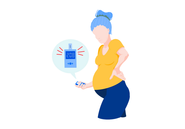 An illustration of a heavily pregnant woman from the side. She has her left hand on her lower back, and her right, around waist level, holds a glucometer (blood sugar monitor). A light green speech bubble pops out of the angled glucometer to show a close-up of the blue device. The number reads "208," and two sets of red lines come from the screen, emphasizing the danger. The woman has her light blue hair in a bun with a green hair tie and she is wearing a yellow short-sleeved t shirt and dark blue maternity pants.