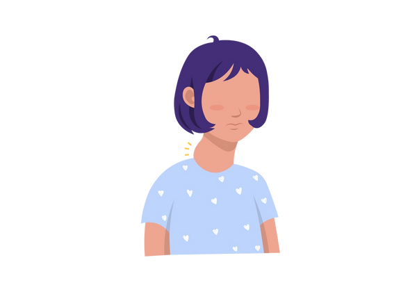 An illustration of a woman with a swollen neck. Three short yellow lines emanate from the point of swelling. The woman is wearing a light blue t-shirt with white hearts and her hair is dark purple.