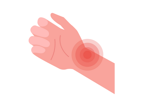 Eine Illustration einer Hand und eines Handgelenks. Vom Handgelenk gehen rote konzentrische Kreise aus.