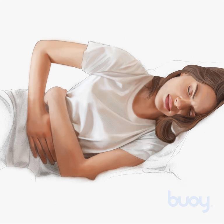 A medical illustration in full color depicting a woman laying down on her side. Her face grimaces as she holds her stomach and lower torso area with both hands depicting the pain associated with PID