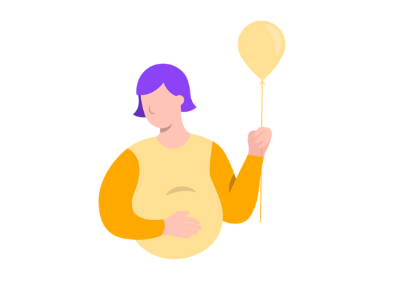 A women with a swollen abdomen, holding a balloon