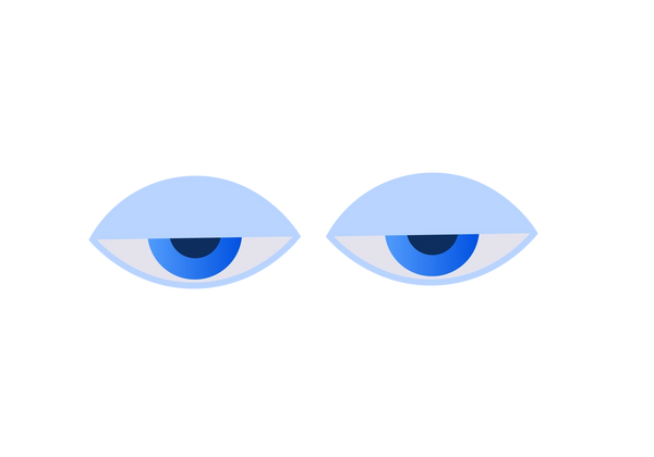 Eine Illustration von zwei Augen, die halb geschlossen sind. Die Augenlider sind hellblau. Die mittelblauen Iris sind zur Hälfte bedeckt. Die Pupillen sind dunkelblau.