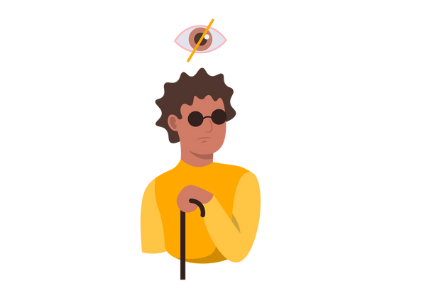 An illustration of a man from the torso up. He is wearing round, black glasses and holding a black cane. His shirt is a long-sleeved yellow shirt. An eye floats above his head with a yellow slash across it.