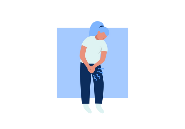 An illustration of a woman bending over holding her crotch with both hands. Her t shirt is light green and her pants are dark blue. Four blue squiggles emanate from her crotch. She has blue hair and the background is a medium blue rectangle.
