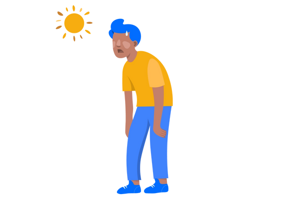 Eine Illustration eines Mannes, der schlaff herabhängt und dessen Arme schlaff an den Seiten herabhängen, während sein Mund weit geöffnet ist. In der oberen linken Ecke befindet sich eine gelbe Sonne. Der Mann hat eine mitteldunkle pfirsichfarbene Haut und hellere Flecken auf Wangen und Nase sowie einen hellblauen Schweißtropfen auf der Stirn. Er hat kurze, mittelblaue Haare und trägt ein gelbes Kurzarm-T-Shirt und blaue Jeans mit blauen Turnschuhen.
