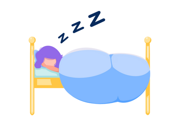 An illustration of a woman curled up in bed. Three big "z"s emanate from her head. She has purple hair and her blanket is blue. The bedframe is a light wood.