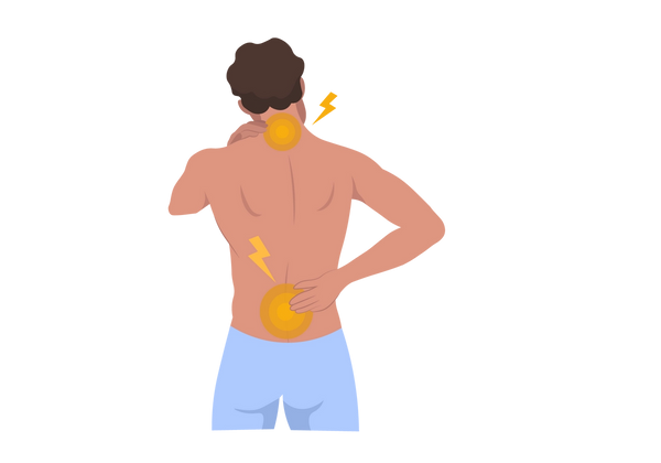 An illustration of a man from the back, with his right hand on his lower back and his left on his left shoulder. Two yellow spots are on the lower back and upper back. Yellow lightning bolts come out of the spots. The man is not wearing a shirt, and is wearing light blue underwear. His hair is dark brown and curly.