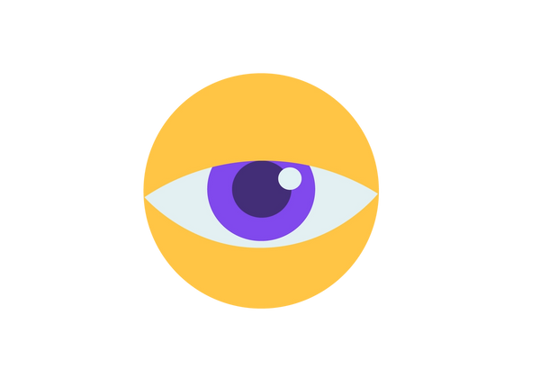 Una ilustración de un ojo con un círculo amarillo alrededor, como párpados. El iris es morado y la pupila es morado oscuro.