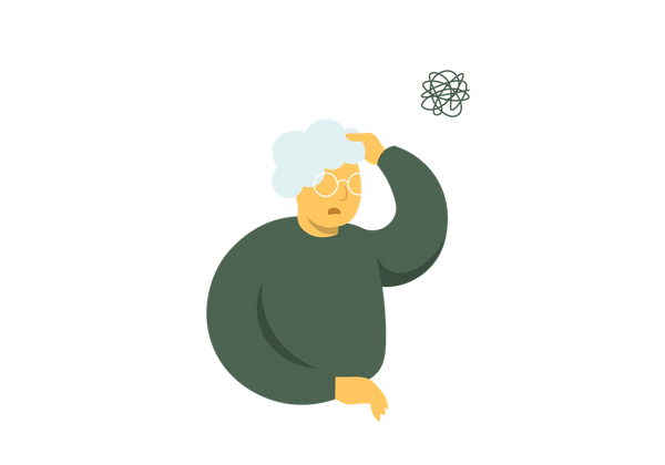 An older woman in glasses having trouble remembering something.