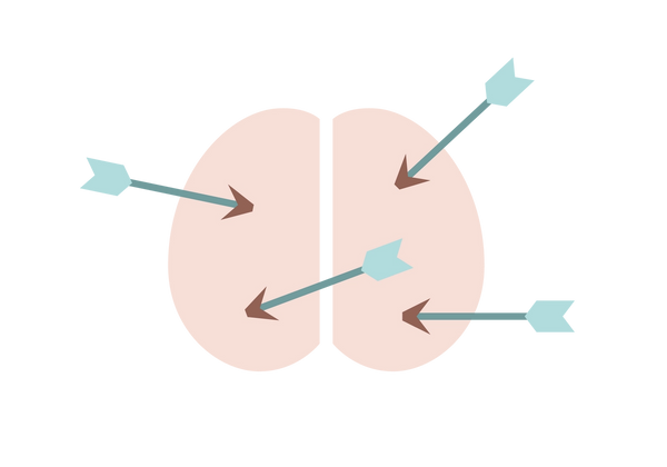 Two halves of a pink brain with green arrows with brown tips sticking out of it.