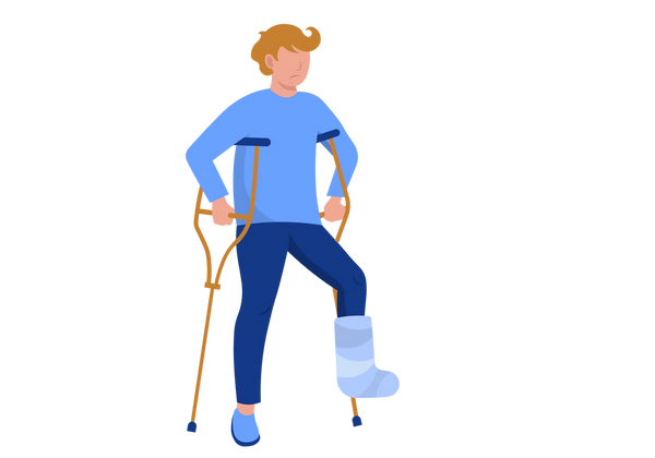 An illustration of a man mid-step with his left lower leg in a large light blue cast raised and crutches under his arms. He is frowning and is wearing a medium blue long-sleeved shirt, dark blue jeans, and a medium blue shoe on his foot without the cast. His skin is light peach-toned and his hair is dark blond.