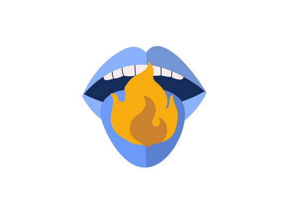 Una ilustración de una boca abierta con labios azules y dientes visibles. Una lengua azul sobresale y una llama naranja representa quema.