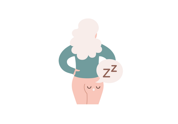 Uma mulher de costas com as mãos na cintura e cabelo rosa. Dois olhos fechados estão em sua nádega direita com um balão de fala com "Z".