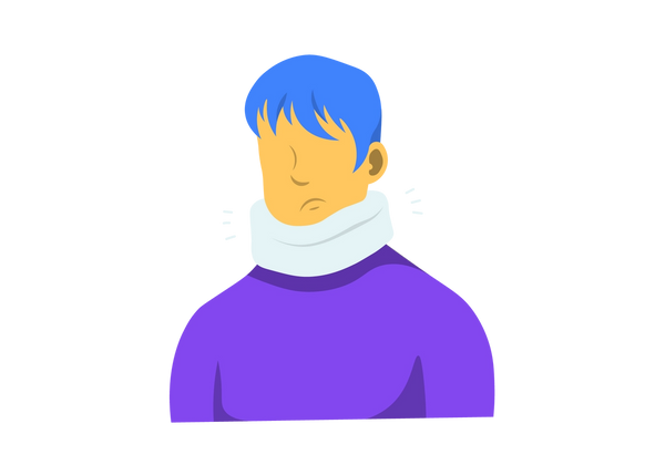 Uma ilustração de um homem carrancudo com um colar cervical. Três linhas brancas emanam do colar cervical de cada lado. Ele está vestindo uma camisa roxa e tem cabelo azul curto.