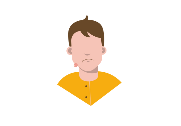 An illustration of a frowning boy facing forward from the upper chest upwards. There is a large pink blister on his light peach-toned skin. He has dark brown, short hair and is wearing a yellow shirt.