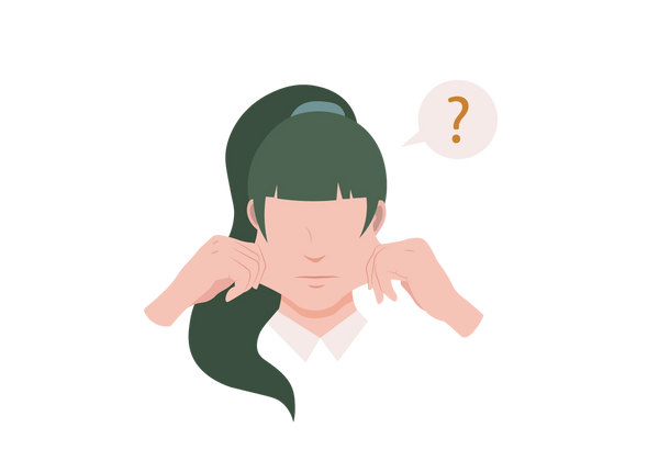 An illustration of a woman pulling at her cheeks. There's a speech bubble with a question mark inside of it. She has green hair up in a ponytail with bangs.