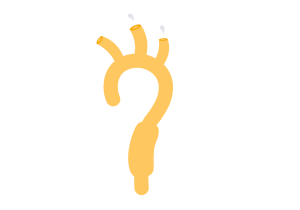 Un tubo amarillo en forma de signo de interrogación con un bulto en la parte inferior y tres tubos saliendo de la parte superior.
