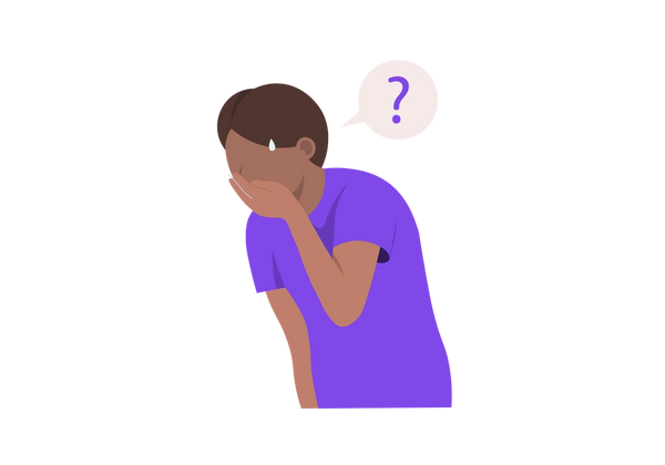 Person, die ein lila T-Shirt trägt und die Hand vor dem Mund hält. Auf ihrer Schläfe befindet sich ein blauer Schweißtropfen und darin eine rosa Textblase mit einem lila Fragezeichen.