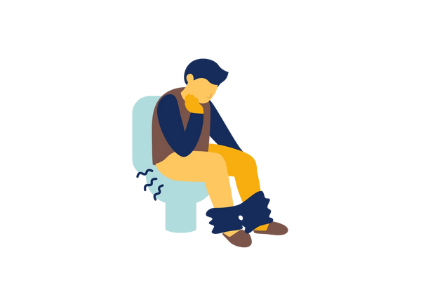 Un homme assis sur des toilettes bleu sarcelle clair, le menton à la main. Trois lignes ondulées bleu foncé sortent de ses fesses.
