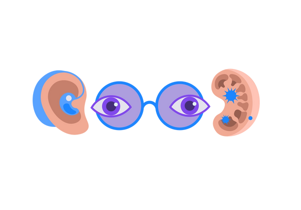 Dois olhos roxos com óculos de sol redondos de aro azul. Um ouvido com aparelho auditivo azul está à esquerda e um rim com bactérias azuis está à direita.