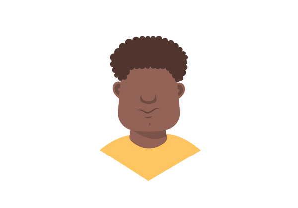 Uma ilustração de um homem com um rosto grande e inchado. Ele tem cabelo curto, castanho escuro e cacheado e veste uma camisa amarela.