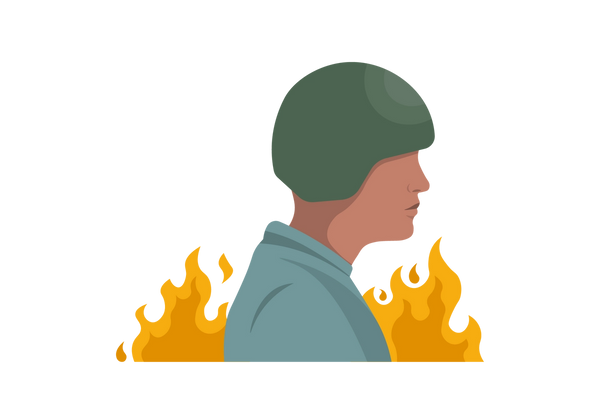 Une illustration du profil latéral d’une personne. Des flammes jaillissent de derrière eux. Leurs cheveux et leur chemise sont verts.
