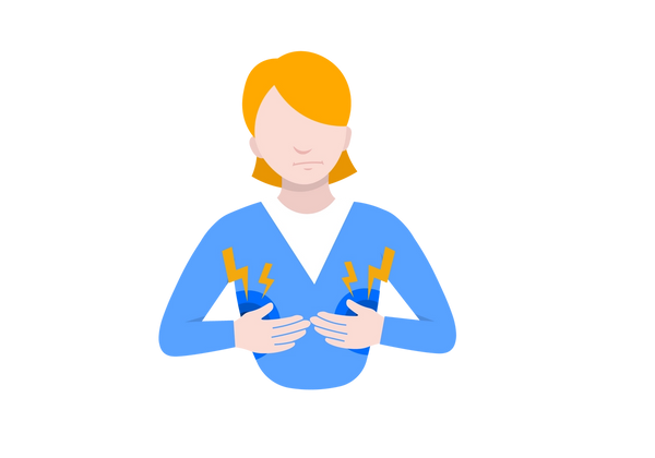 A frowning woman in a blue shirt with her hands on her chest. Blue circles and yellow lightning bolts radiate outwards from her hands.