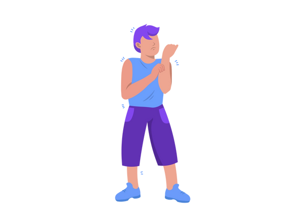 An illustration of a person standing and scratching their left arm with their right arm. Their body is facing forward while their frowning face looks up slightly to their left. Sets of blue lines are around their body, showing itchiness and tingling. Their skin is light-medium peach-toned and they have short messy purple hair. They are wearing a medium blue sleeveless shirt tucked into purple capris, and blue shoes.