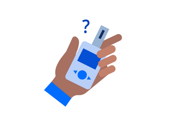 A hand holding a blue diabetes blood sugar test kit with a question mark next to it.