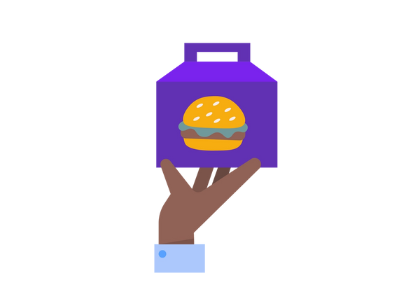 A hand holding a box with a picture of a burger on it.