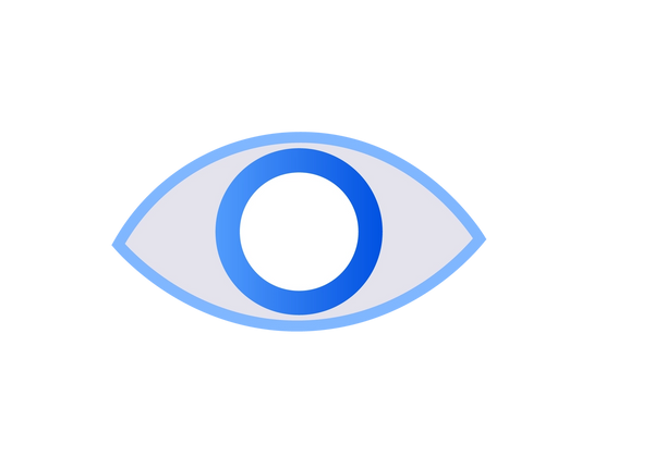 An illustration of an eye with a light blue outline. The iris is medium blue, and mostly covered by a white cataract.