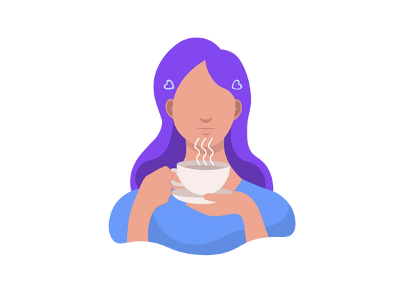 Une femme tenant une tasse de thé fumant. Il y a deux barrettes bleu clair en forme de cœur dans ses cheveux violets.