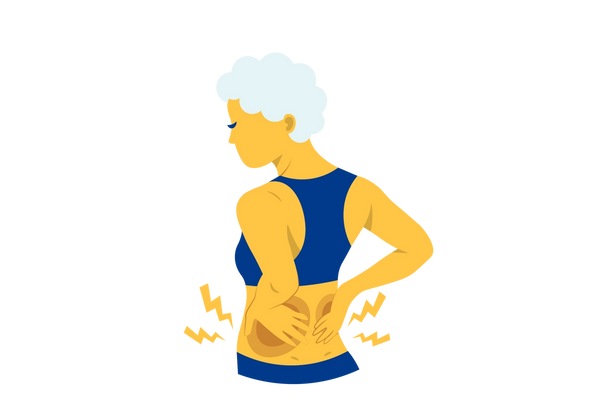 Mujer con un sostén deportivo azul de espaldas y con las manos en la parte baja de la espalda. Dos círculos amarillos más oscuros irradian desde su espalda donde están sus manos y los rayos los rodean.