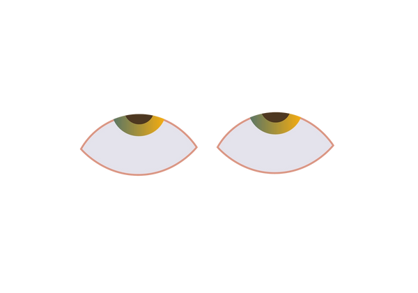 Eine Illustration einer Reihe von Augen. Nur die Unterseite der haselnussbraunen Schwertlilien und die schwarzen Pupillen sind sichtbar, da sie zurückgerollt sind. Der Rest jedes Auges ist grauweiß mit rosa fußballförmigen Umrissen.
