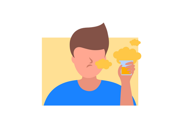 An illustration of a person frowning while holding a sample cup with yellow liquid. Yellow odor clouds emanate from the cup. The person is wearing a blue t shirt and the background is a yellow rectangle.