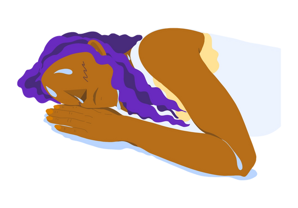 An illustration of a woman with caramel skin and dark purple hair asleep on her side with her hand under her chin. Large beads of light blue sweat drip from her forehead, nose, inner elbow, neck, and armpit, staining her white nightshirt yellow around the armpit and leaving a light blue pool of sweat around her. Small darker squiggles show the heat on her cheeks. The illustration is from her upper torso upwards, with her lying on her right side and her left arm bent and visible in front of her.