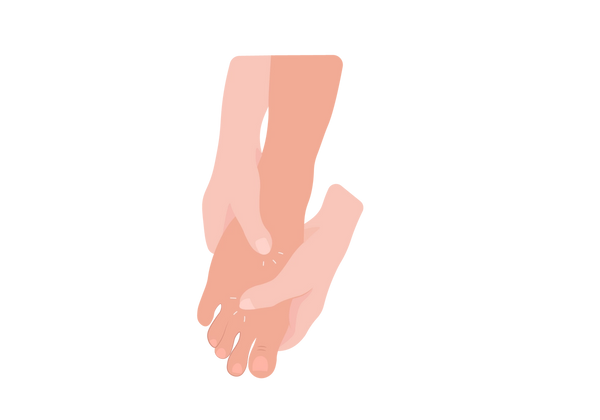 An illustration of a top-down view of a light peach-toned foot with two hands holding onto the foot. Three light lines come from two places where the thumbs are touching the foot.