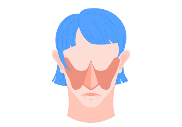 Une illustration d’une tête de femme. Elle a une grande tache en forme de papillon sur les joues et le nez. Son nez et ses oreilles sont sensiblement saillants et ses lèvres sont rouges et pincées. Elle a les cheveux bleus courts avec une frange.