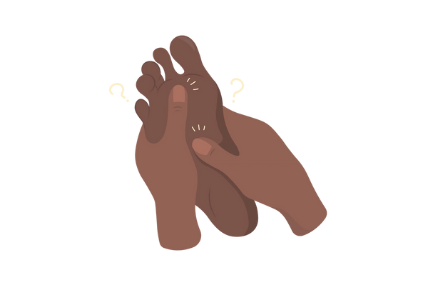 Uma ilustração de duas mãos segurando um pé com a sola do pé visível. Existem três linhas amarelas claras saindo dos dois locais do pé onde os polegares estão tocando. Dois pontos de interrogação amarelos claros estão em cada lado do pé. O tom da pele é castanho escuro.