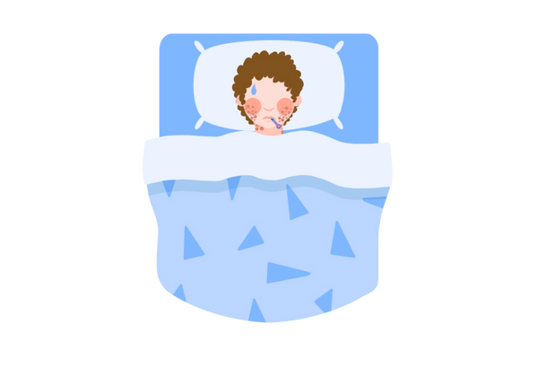 An illustration of a boy lying in bed with the blankets tucked up under his chin. He has pale peach skin with pink circles on his cheeks and a blue sweat drop on his forehead showing overheating. A thermometer also sticks out of his mouth. A rash spreads across his cheeks and onto his neck. He has curly, short, brown hair. The pillow is light blue, the blanket a darker blue with medium blue triangles, and the bedsheet a true medium blue.