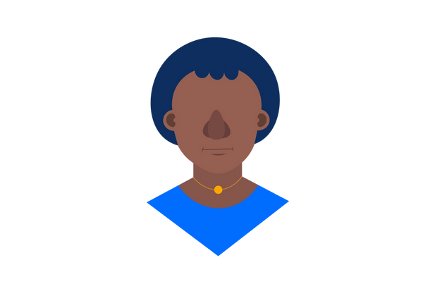 Ilustração do busto de uma mulher com nariz grande e inchado. Ela está usando um colar de ouro e uma camisa azul. Seu cabelo é curto e azul escuro.