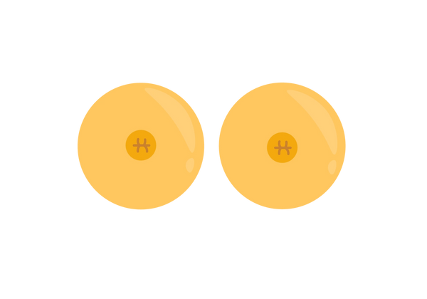 Dois seios circulares amarelos com mamilos amarelos mais escuros. Os mamilos têm três linhas no centro.